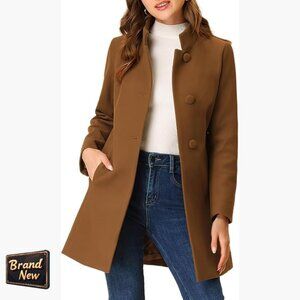 Slim Fit Wool Pea Coat with Stand Collar and Back Slit